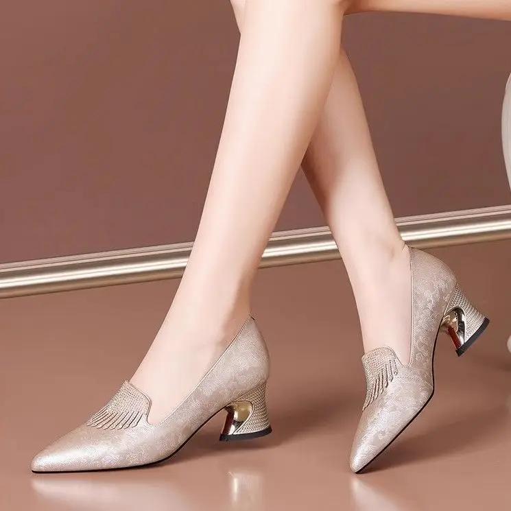 Fashion Ladies Pumps Chunky Heels Women's Shoes Block Heel Rhinestone with Crystals Diamond Pointed Toe Medium Non Slip On 2025 Trend 39