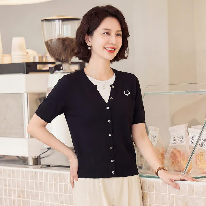 Haoyi Women s Embroidered Silk Blend Short Sleeve Cardigan M