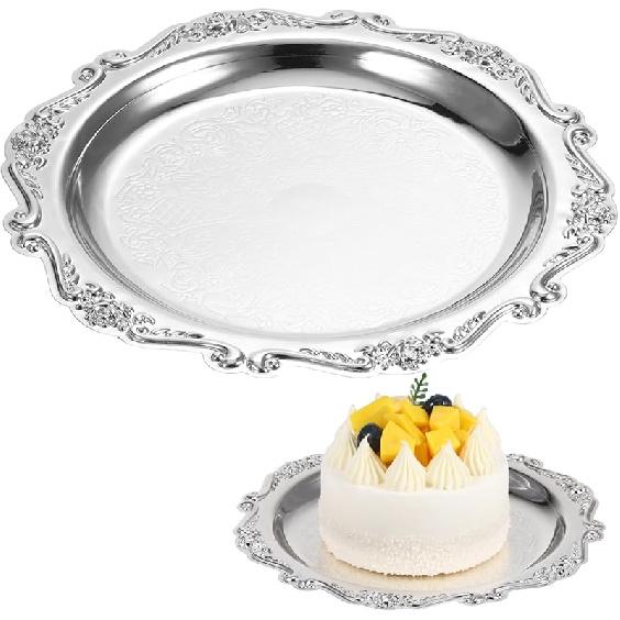 Kichvoe Round Platter Serving Tray Decorative Plate Metal Ottoman Dish Coffee Table Perfume Tray Dessert Plate Jewelry Storage Organizer for Kitchen серебряный