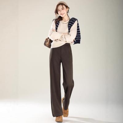 Damen Kaffeebraune Gestreifte Tweed High-Waist Fleecegefütterte Gerade Bein Freizeithose