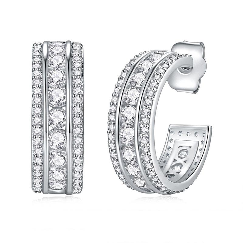 Silver Plated Triple-Row CZ Huggie Hoop Earrings, Pave & Channel Set Half-Hoop Earrings for Women