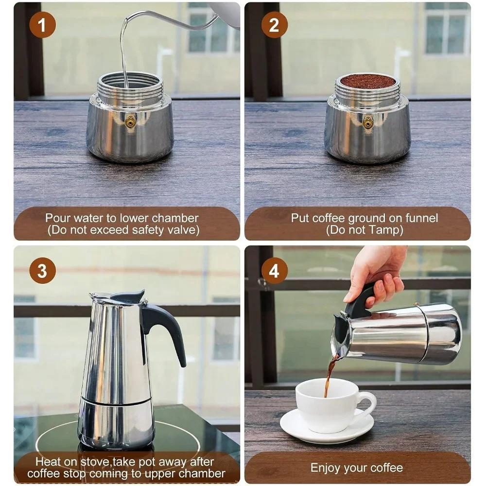 Koffiezetapparaat Moka Pot, 2/4/6 Kopjes Roestvrij Staal Café Percolator Maker, Italiaans koffiezetapparaat Geschikt voor Inductiekookplaten Koffieware