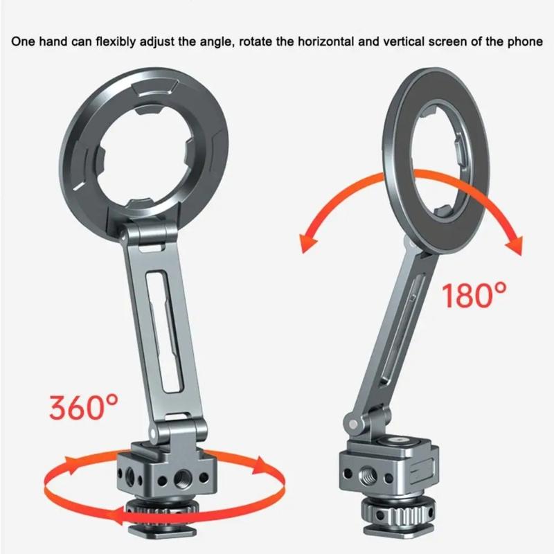 Collapsible Metal Phone Holder Featuring Magnetic Locking System Double Orientation Shoots Cold Shoe Expansion Interface