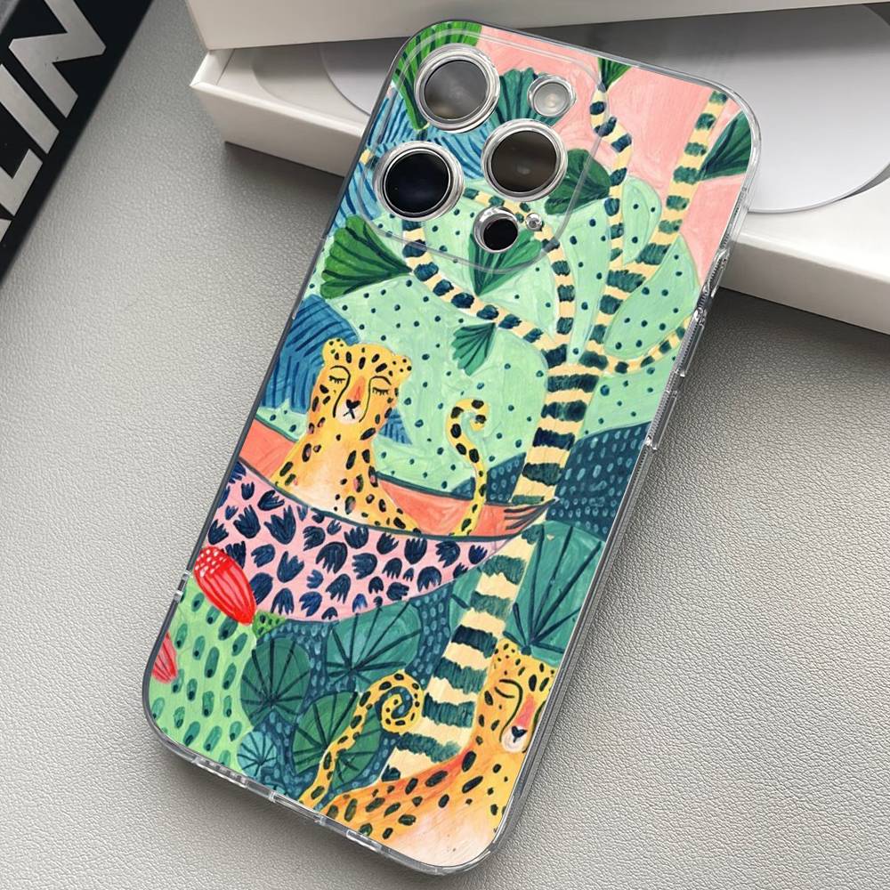 

Tropical Jungle Print Leopard Sloth Back Phone Case For iPhone 17 16 15 13 12 11 14 Pro Max Mini Plus Silicone Bumper iPhone 16 pro
