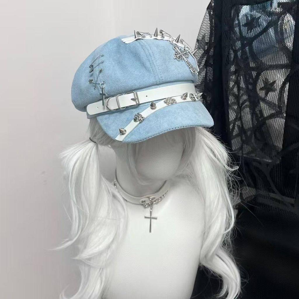 Cute Inns Hat Beret Y2k Hats for Women Men Hat Punk Subculture Painter Hat Versatile Metal Rivet Cross Hats