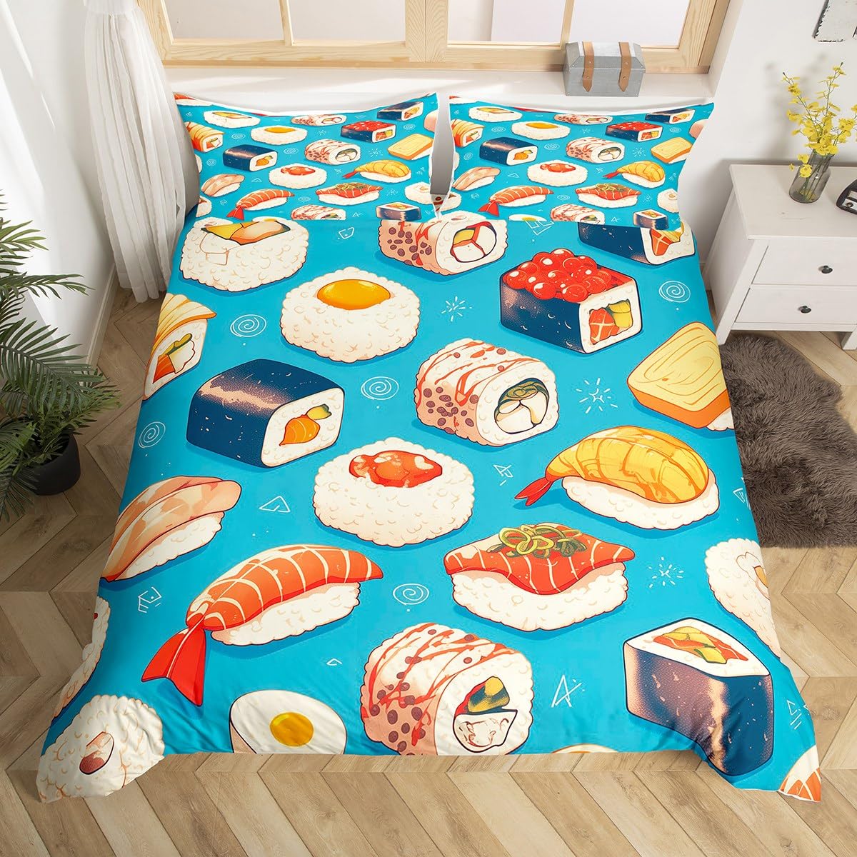 Sushi Dekbedovertrek Sets Voor Kinderen Jongens Meisjes Lichtgewicht Dons Dekbedovertrekken Slaapkamer Decoratie 2 Kussenslopen 1 Dekbedovertrek Geen Dekbed 150*200cm 3pcs