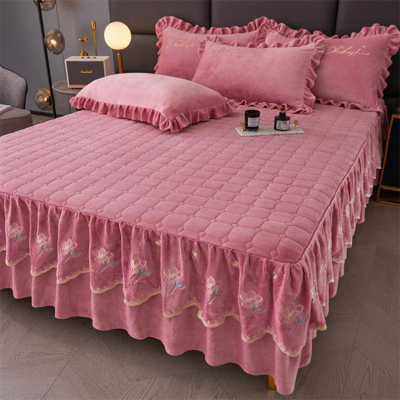 Jupe de lit en Fiber de lait d'hiver, couvre-lit matelassé en dentelle, épais et chaud, couverture de matelas en polaire pour bébé, literie en molleton de corail