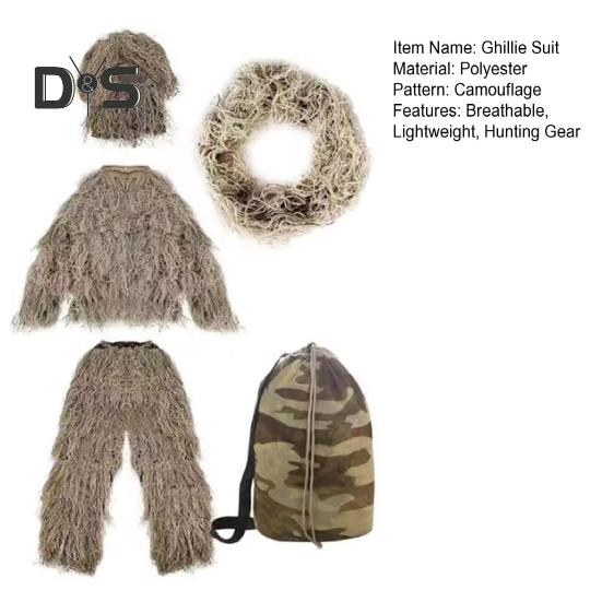 5Pcs/Set Ghillie Suit with Jacket Pants Hood Garland Carry Bag 3D Camouflage Hunting Apparel Youth Adults Woodland Clothes