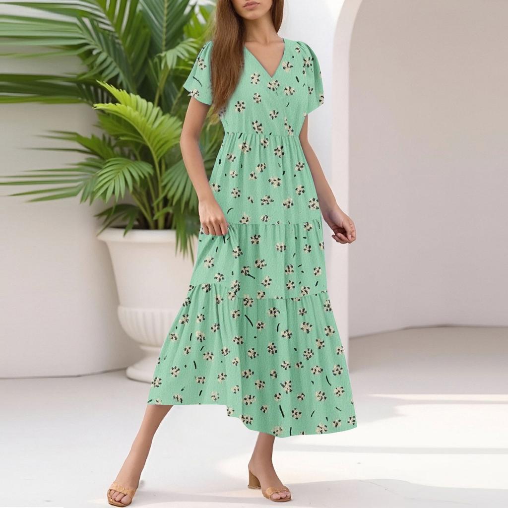 Ladies Summer Casual Fashion V-Neck Ruffle Sleeve Floral Print Midi Dress