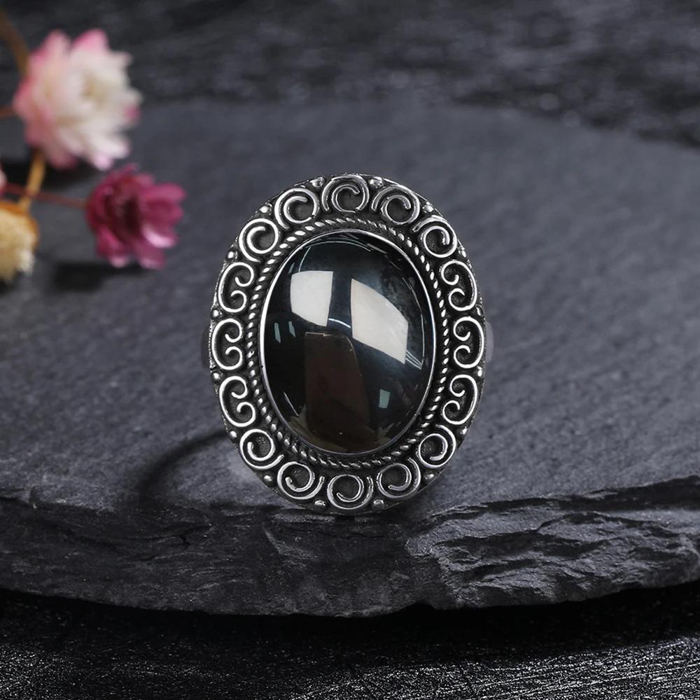 Vintage 925 Sterling Silver Black Onyx Ring Oval Shape Natural Stone Certified Fine Jewerly Retro Silver Rings for Women Men