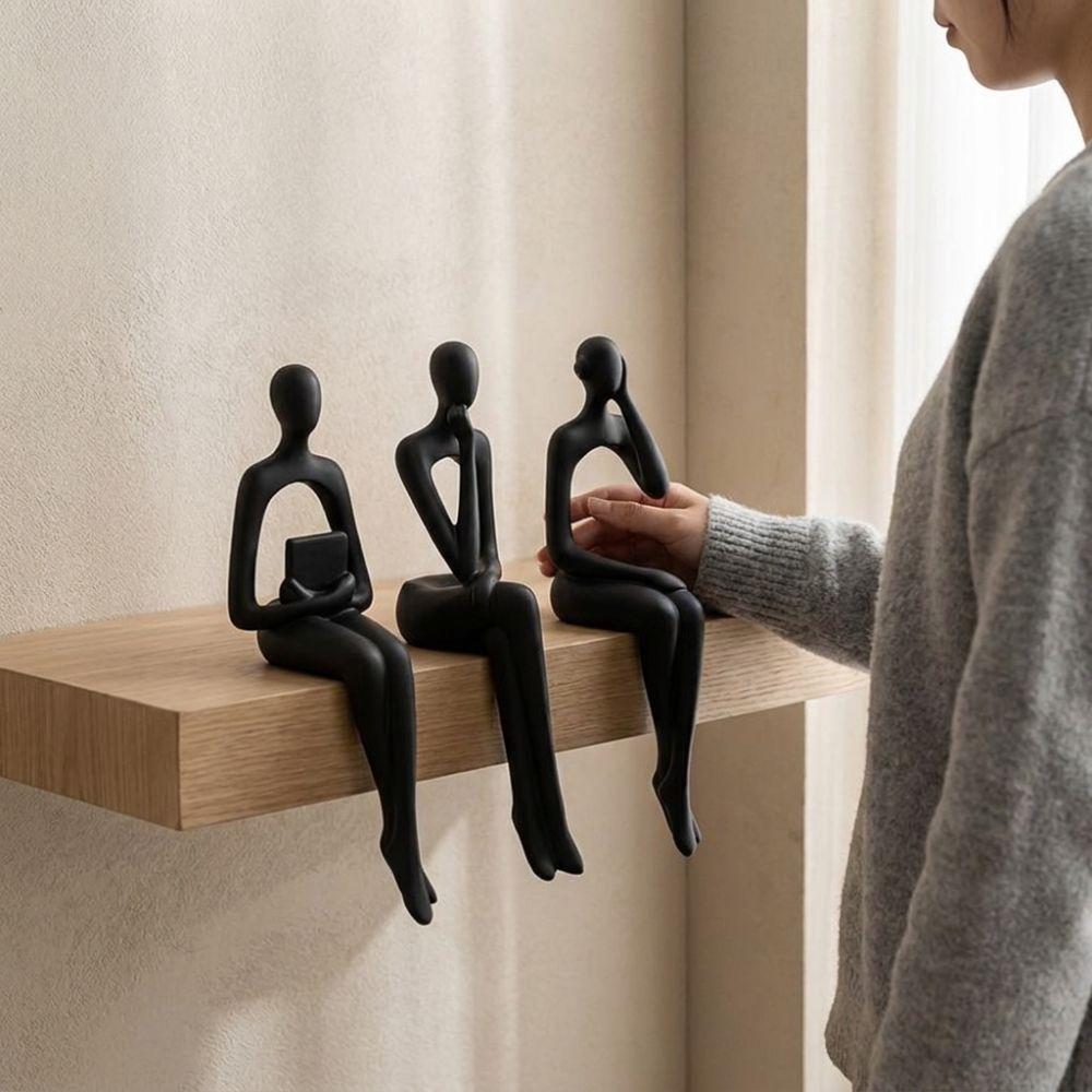 3Pcs Long Leg Abstract Sitting Human Sculpture Set Hollow Reading Thinking Figurine Office Desk
