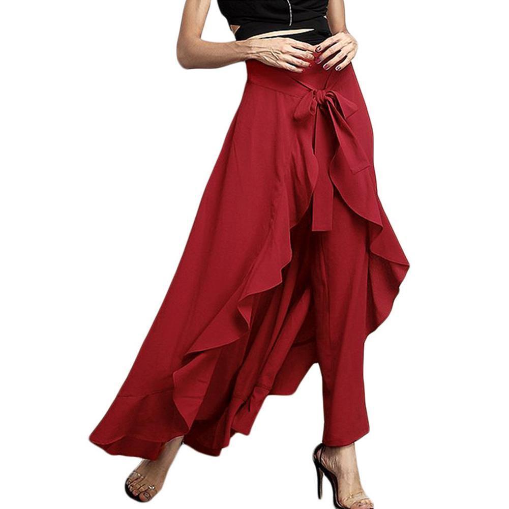 Ankle Women Length Chiffon Tiewaist Ruffle Color Long Palazzo Pure Pants