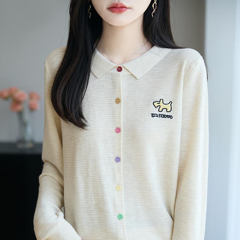 

Кардиган женский с воротником поло, застежкой на пряжку, свободный, мягкий и деликатный, весенне-осенний, вязаный свитер-пальто с вышивкой M