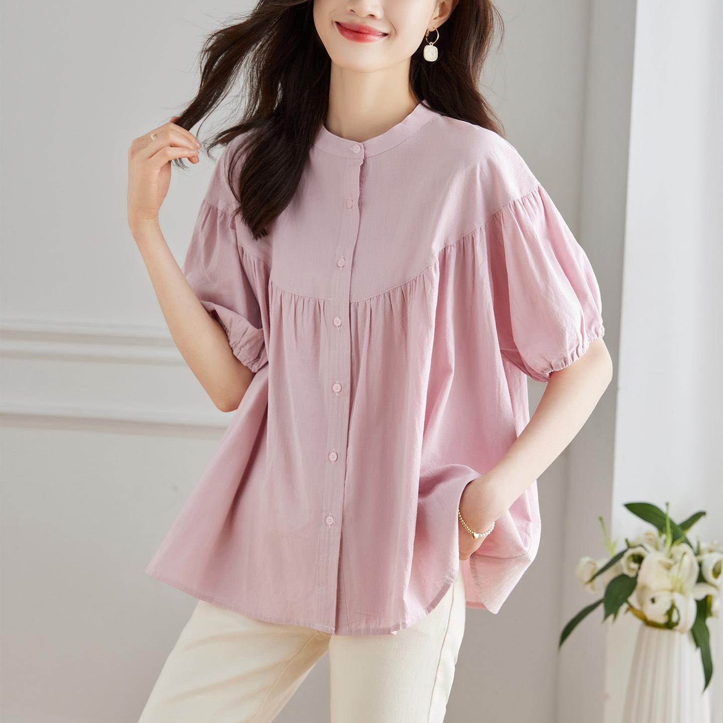 

Summer New Solid Color Pleated Short-sleeved Doll Shirt Women s Foreign Style Loose and Thin Shirt Short-sleeved Top Women s M білий