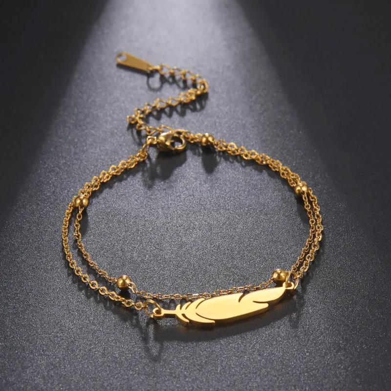 New Simple Feather Stainless Steel Double Layer Bead Chain Ankle Anklets For Women Men Metal Anklet Beach Jewelry Accessories