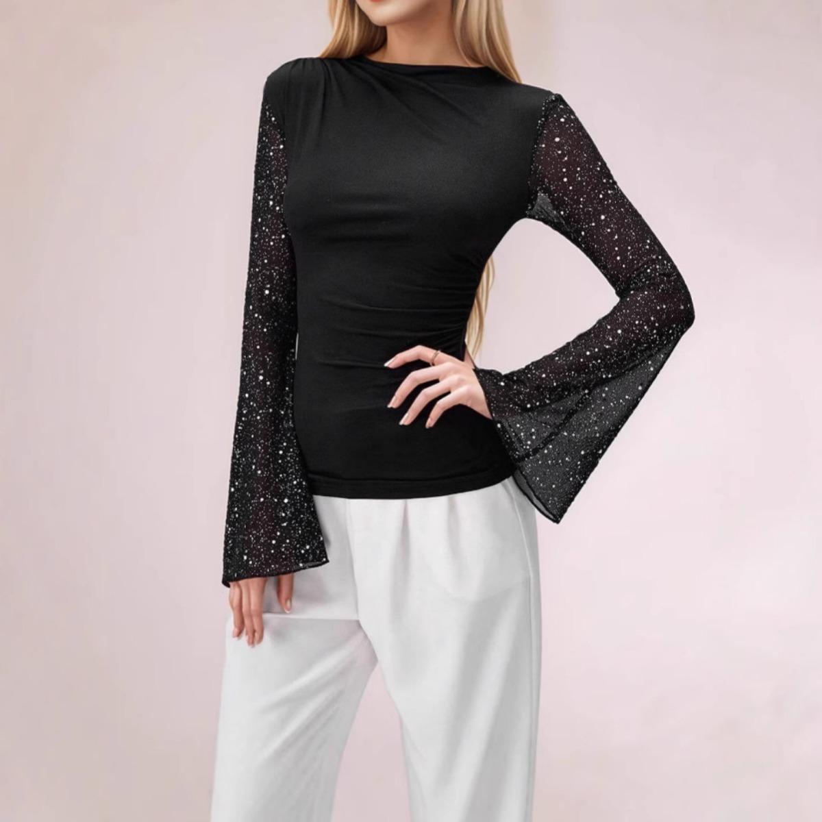 

New Ruffle Sleeve Silver Sequined Mesh Long Sleeve T-shirt for Women, Fashion Casual Top for European and American S чёрный