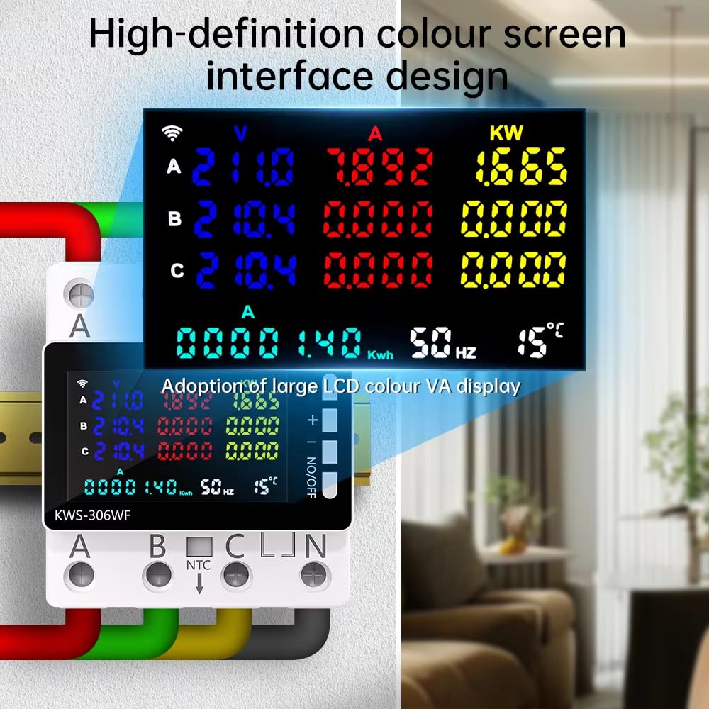 KWS-306WF Energy Meter Power Meter DIN Rail 3 Phase 4 Wire Voltage AC 85-290V Voltmeter Amps Watt Kwh Meter with Color Screen