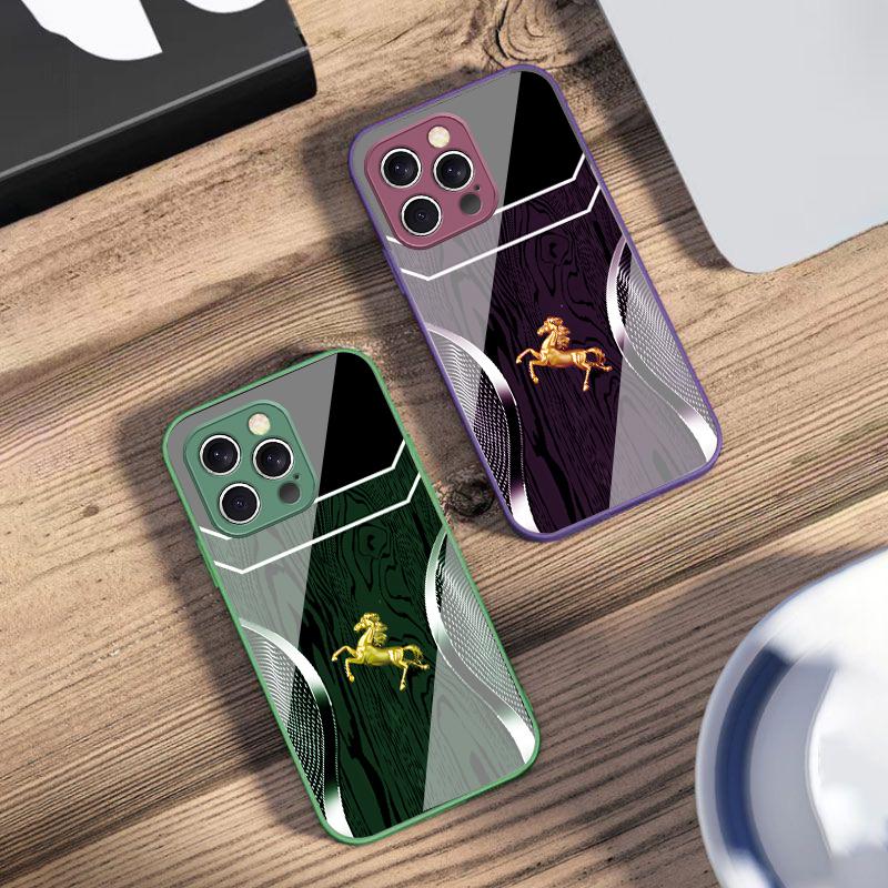 Wood Grain Golden Horse For IPhone 16 Pro Max 15 Pro 14 13 12 Mini 11 XS M Ax XR 7 8 Plu SE 2022 Tempered Glass Phone Case