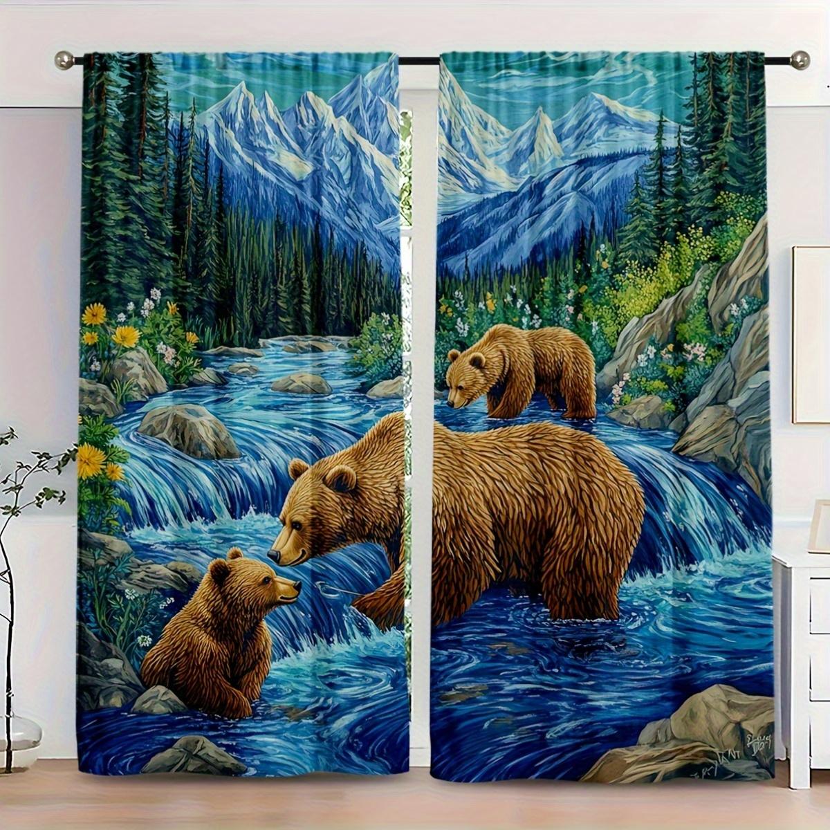 

Set Of 2 Modern Scenic Bear Fishing Mountain Stream Curtains Polyester Semi Transparent Design Bedroom Livin Curtain With Rod Pocket Perfect For W100*H70(CM)-Grommet top&1PCS