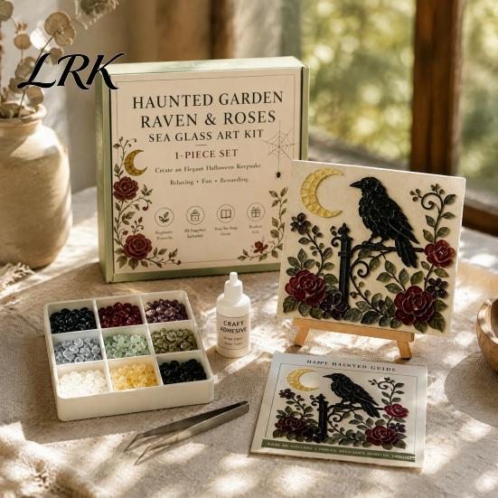 Easy Craft Kit for Beginners Halloween Sea Glass Art DIY Kit, Ghost Black Cat Owl Raven Pumpkin Creative Journey Gift Set Mosaic Set, Beginner