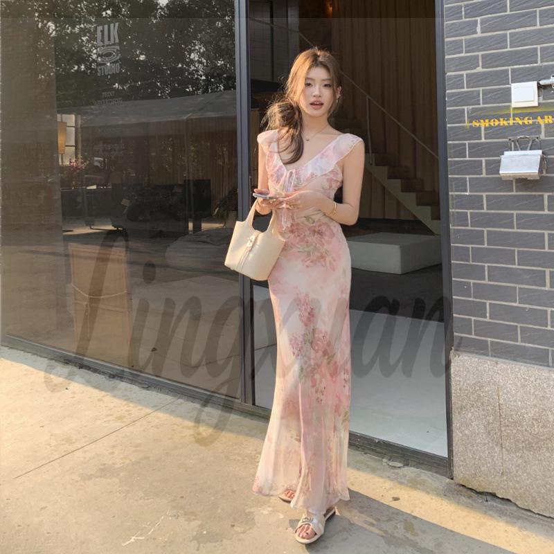 French Floral Print Dress, Spring/Summer 2026 – Elegant, Waist-Cinching, Slim-Fitting, Long Skirt. Large цветочный