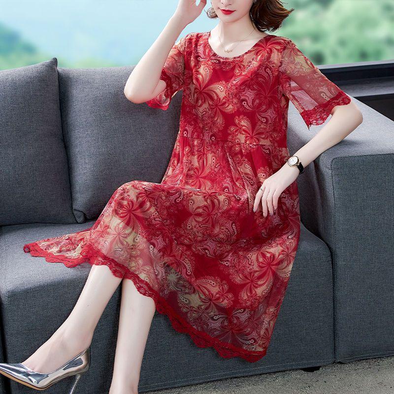 Chiffon Dress Mid-length Plus Size Printed Floral Over-the-knee Dress O-Neck Short Sleeve Loose