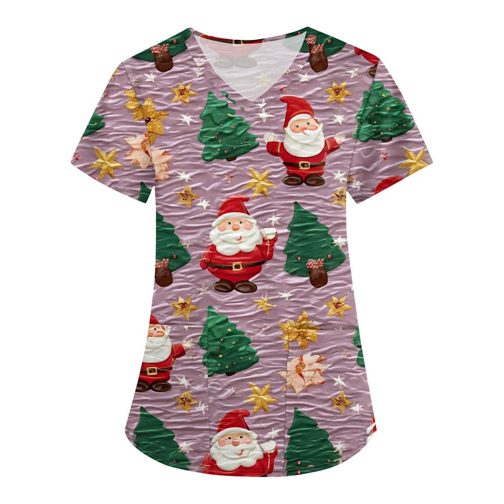 Women's Fashion V-Neck Short Sleeve Overalls With Pockets Christmas Printed Tops  Clothes