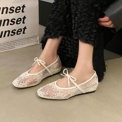Mesh-Spitze Innenhöhenverstärkung Damen Schuhe 2025 Sommer neu sexy eckige Zehen flach atmungsaktive Ballerinas Schleife flache Schuhe