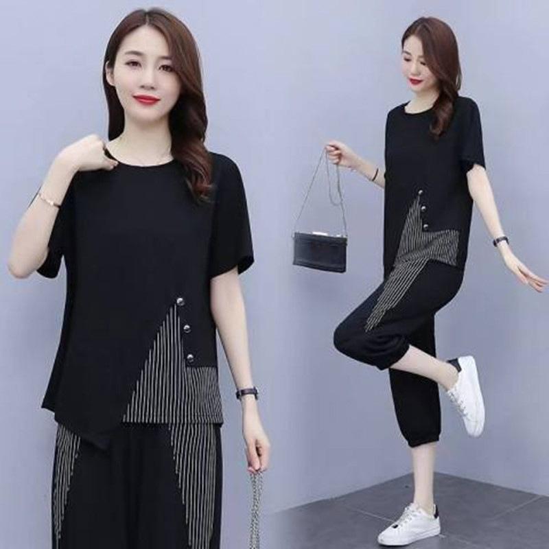 Trendy Casual Sports Suit for Women, Loose Plus Size Women's Slimming Summer Dress, Short-sleeved Women's Cropped Pants Two-piece Set