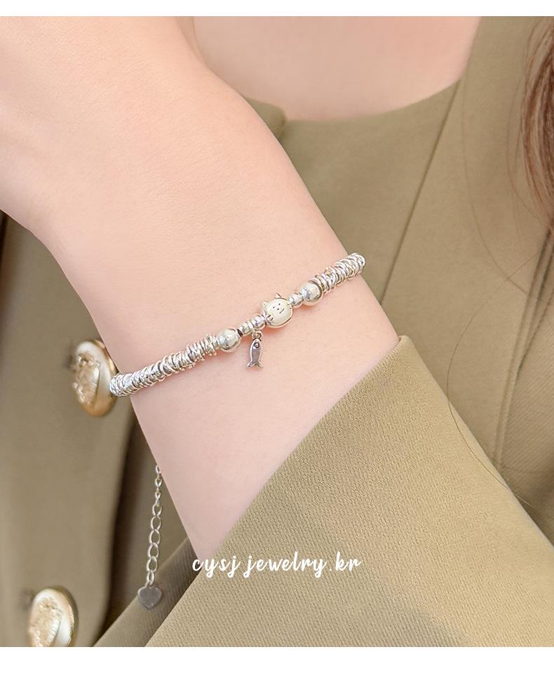 Cui Yan S925 Sterling Silver Korean Style Cat & Fish Wrap Bracelet for Women - Simple, Niche Design, 2025 New Collection.
