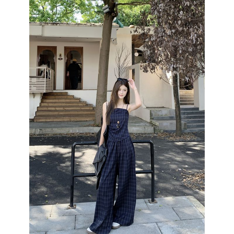 Kumikumi Pure Desire Style Temperament Long Sleeve Cardigan Underwear Spaghetti-Strap Slip Women's Autumn Lattice Loose Pants Three-Piece Set