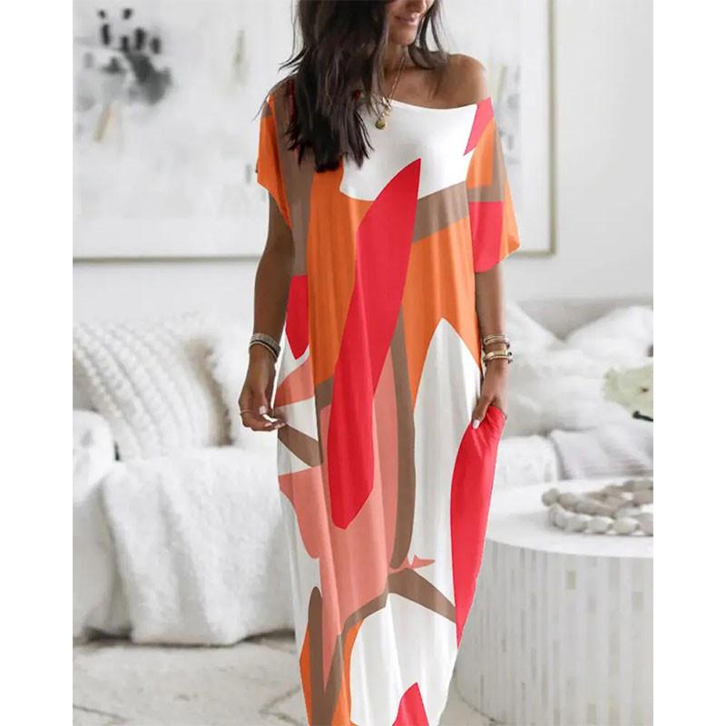 2024 Summer New European and American Women's Fashion Round Neck Short Sleeves Printing Loose Long Dress
