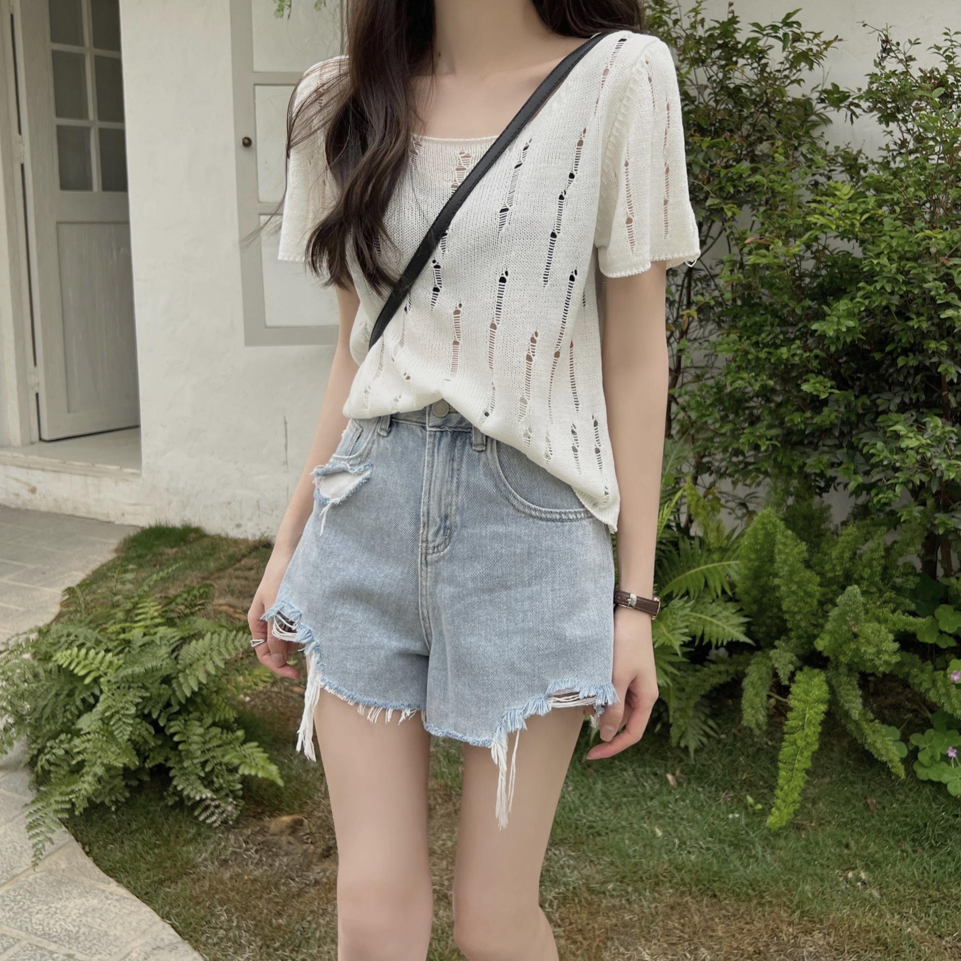 

Summer new pure desire wind careful machine hollow t-shirt knitted foreign style short thin short sleeve T-shirt women s tide One size fits all белый
