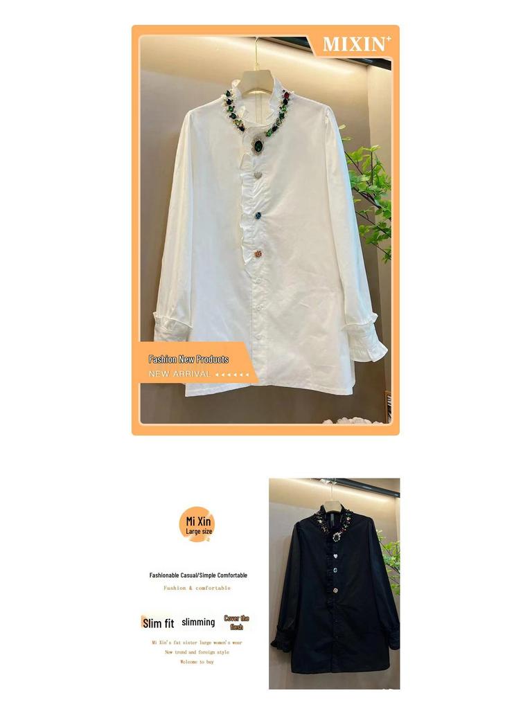 Plus Size Women's Long Sleeve Stand Collar Hotfix Shirt - Mature Style, Solid Color, Versatile Top