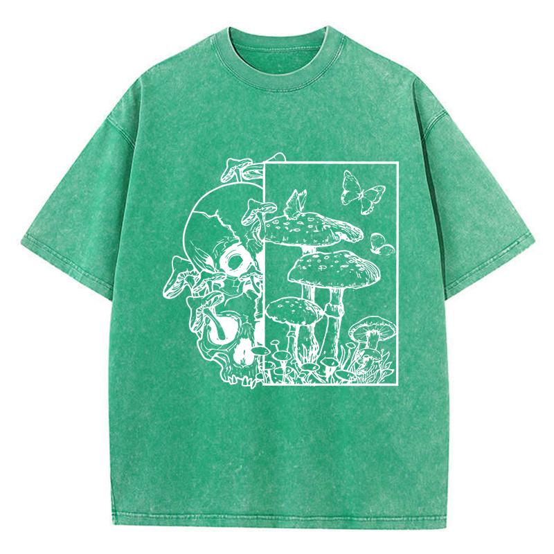 Skeleton Growing In Mushrooms Butterfly Print Washed T Shirt Women Summer Clothes Trendy O-Neck Tops Cotton Streetwear