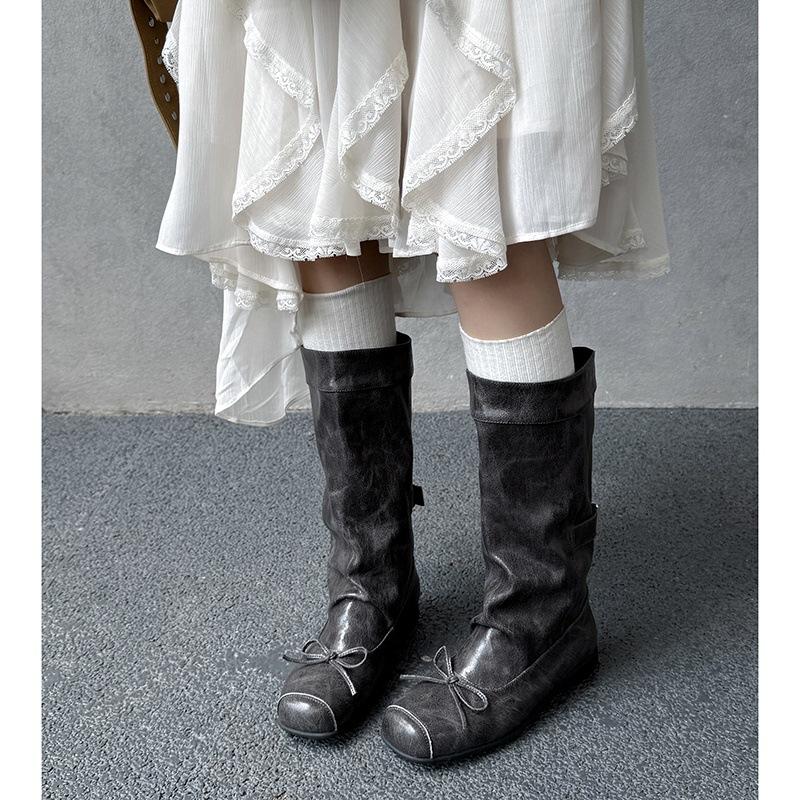 New square head bow pig nose mid boots 2025 autumn and winter new Spice Girl fashion versatile thick heel knight boots