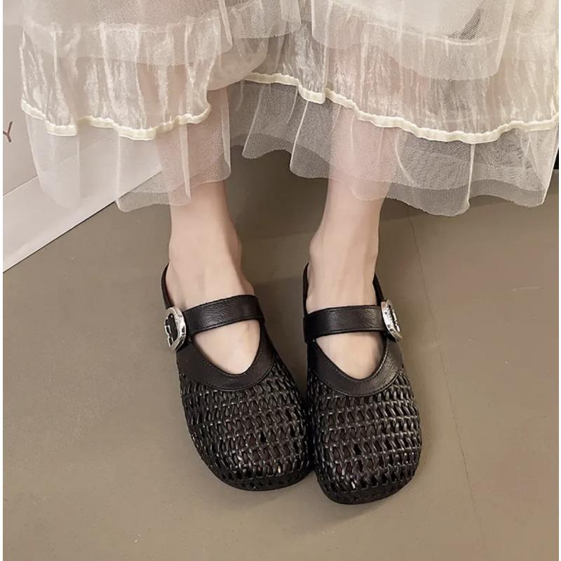 Mary Jane Shoes New Retro Shallow Mouth One Word Versatile Flat Bottom Soft Sole Single Shoes Gentle Women's Sandals