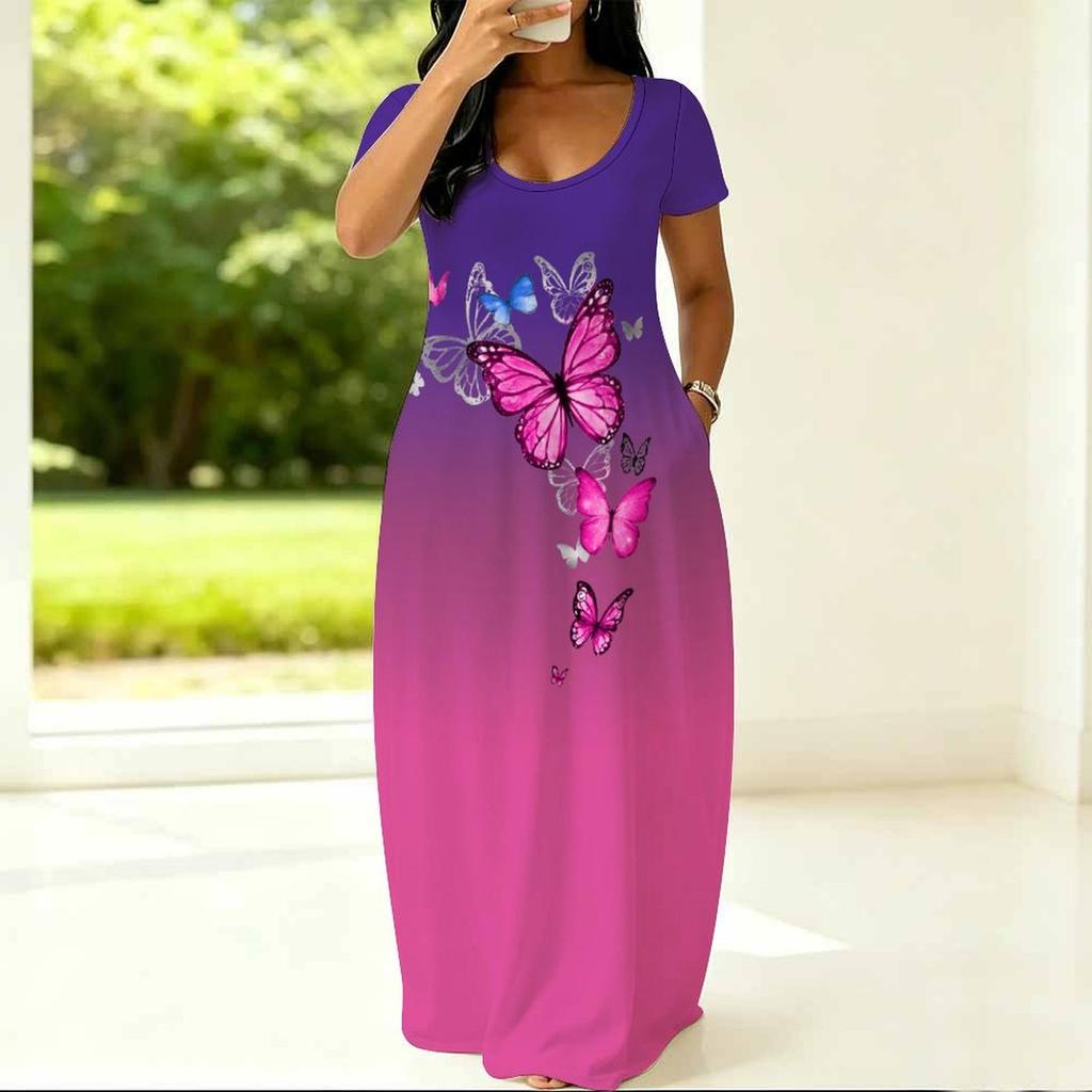 Ladies Curvy Fit Crew Neck Short Sleeve Dress Light Loose Outfit Designed For Summer Daily Hangouts
