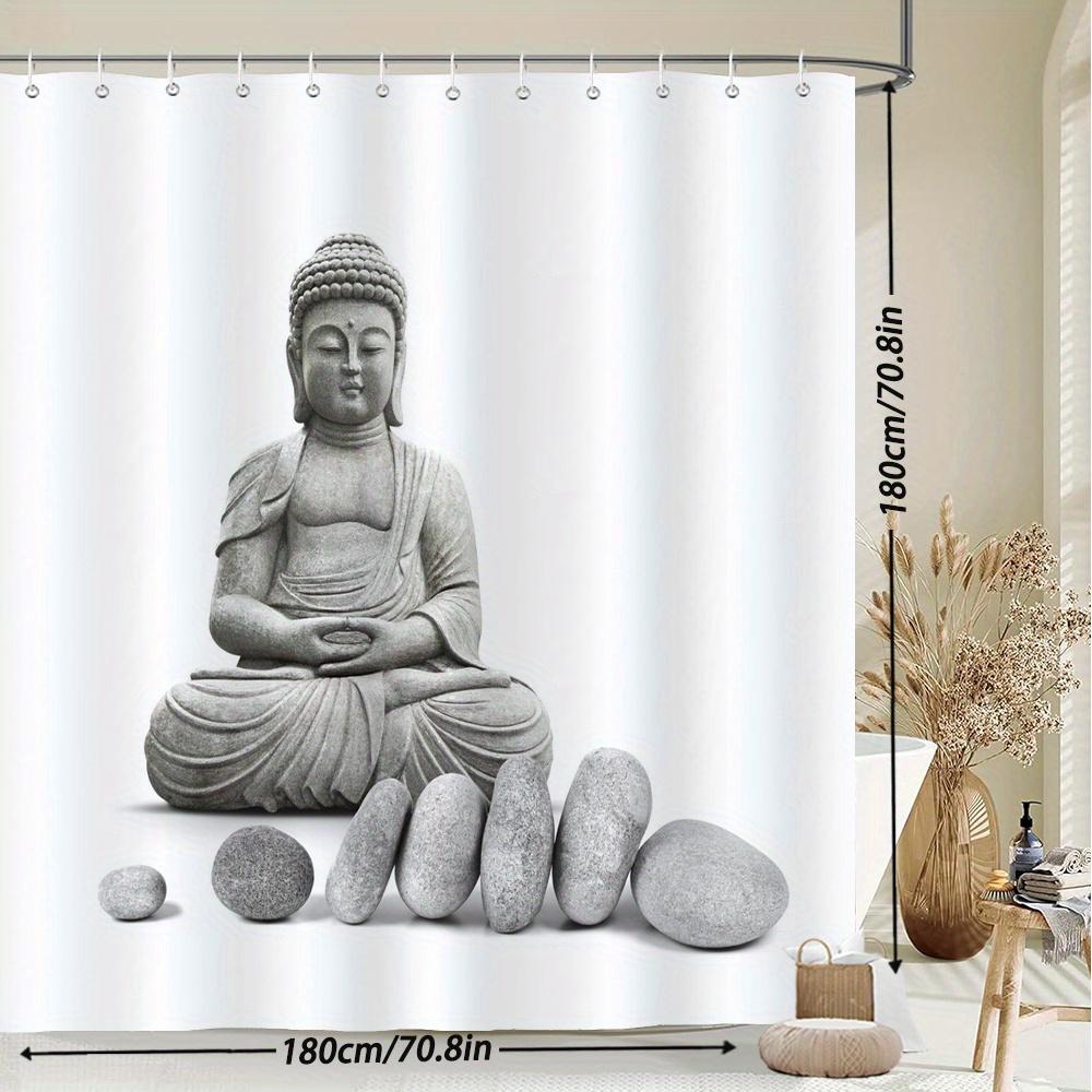 Zen Buddha Shower Curtain Stone Statue In Lotus Pose, Meditative Serenity With Zen Stones, 12 Hooks, 70.87×70.87 Inch, Polyester