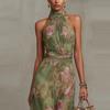 European and American Women's Bodycon Mesh Print, Irregular Slit Pleated Sexy Slip Dress, Long Dress