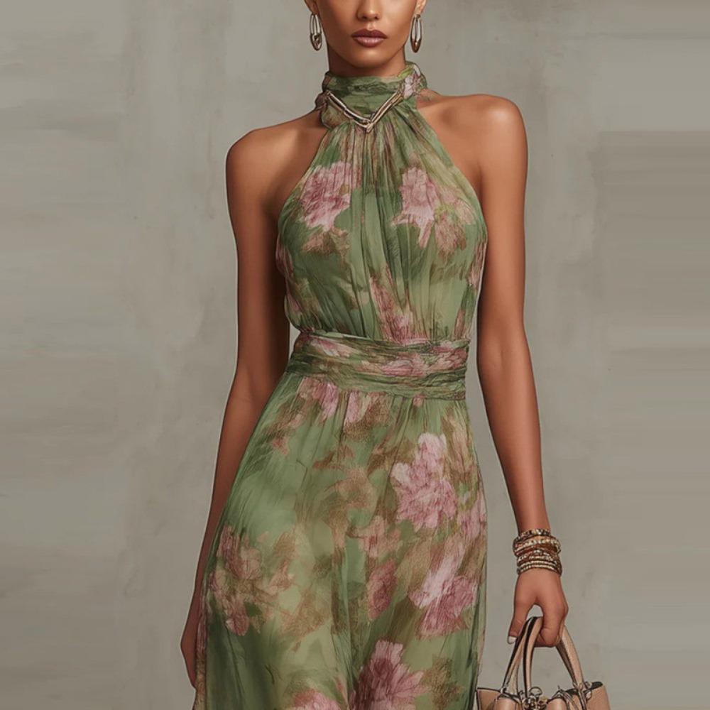 European and American Women's Bodycon Mesh Print, Irregular Slit Pleated Sexy Slip Dress, Long Dress