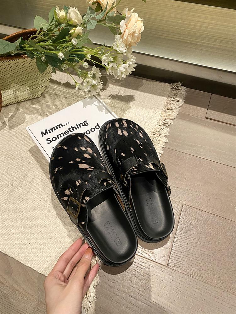 

Fashion Unique Toes Shape Half Slippers Belt Buckle Genuine Leather Horsehair Thick Bottom Flat Slides Summer Casual Outdoor 2025 New 40 чёрный