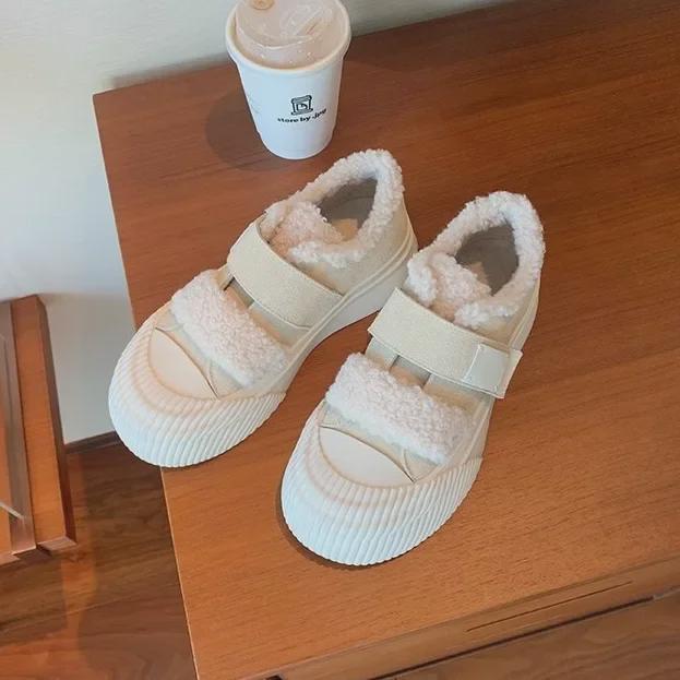 Women's Cowhide Grape Fur Velcro Thick Sole Velvet-Lined Warm Biscuit Shoes