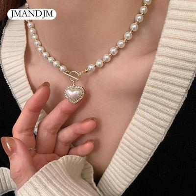 New Elegant Pearl Beads Necklace for Women Ladies Fashion Rhinestone Shell Heart Pendent Necklace Choker Jewelry LXY