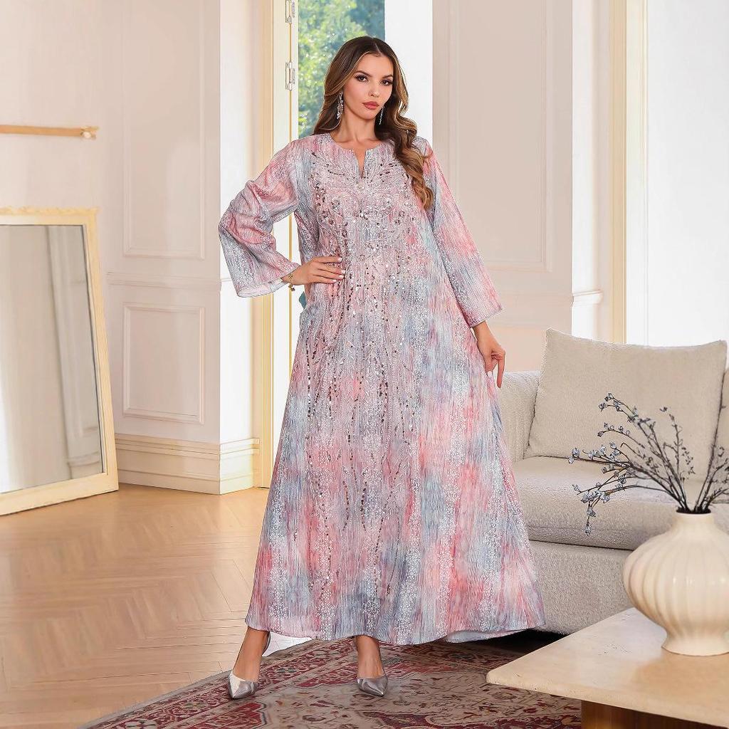 Elegant Sequin Printed Abaya: Fashionable Long Islamic Dress for Women