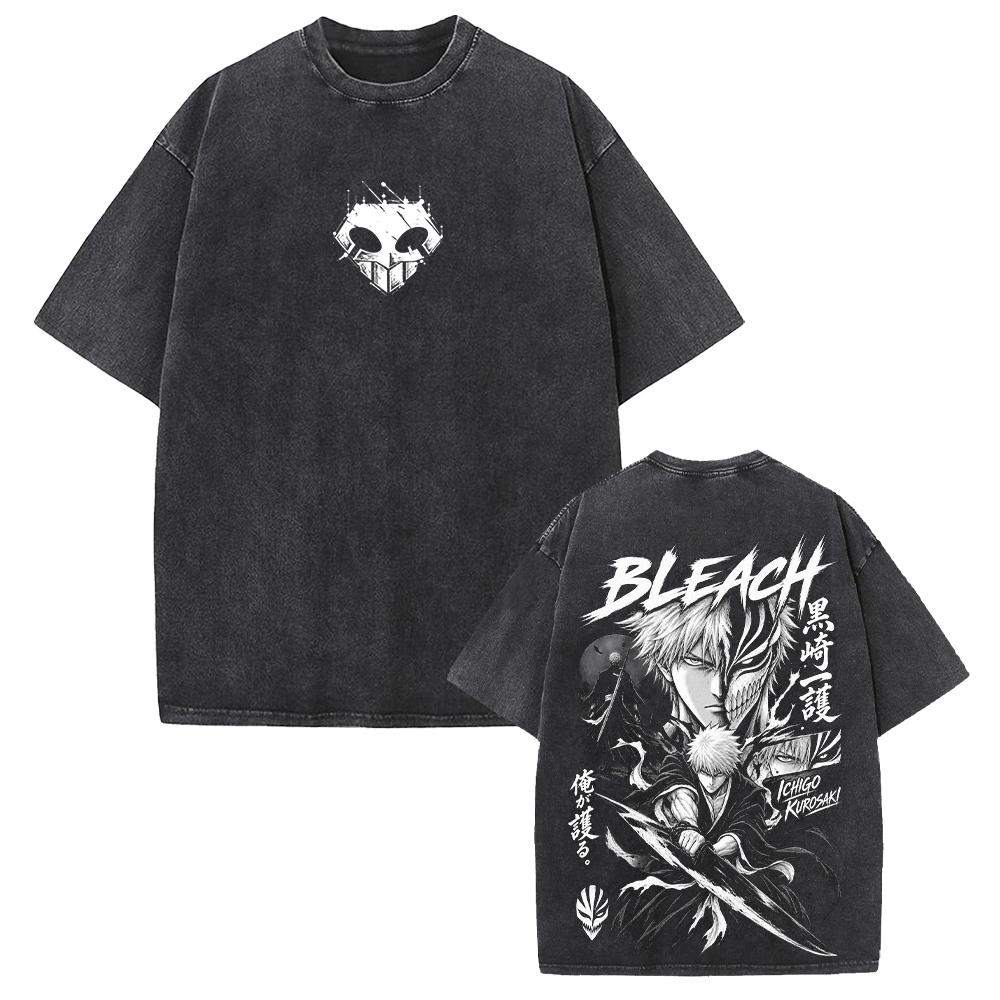 Manga Bleach Kurosaki Ichigo T-shirt Harajuku Vintage Gewassen T-shirt Herenkleding Korte Mouw Oversized 100% Katoen T-shirts Tops