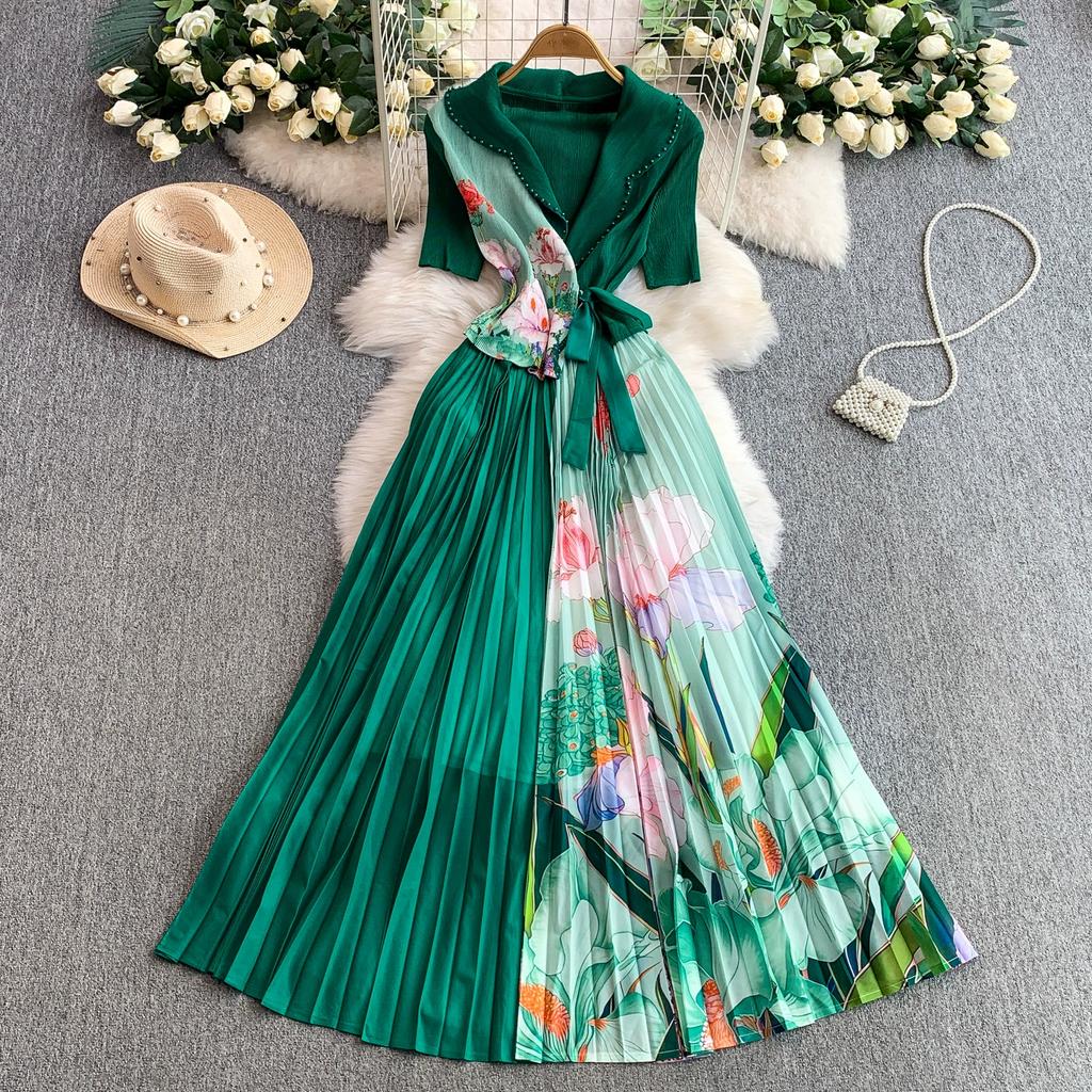 Summer Women Casual Plus Size Miyake Folds Print Beading Lace-up Oversize Loose Long Maxi Pleated Dresses