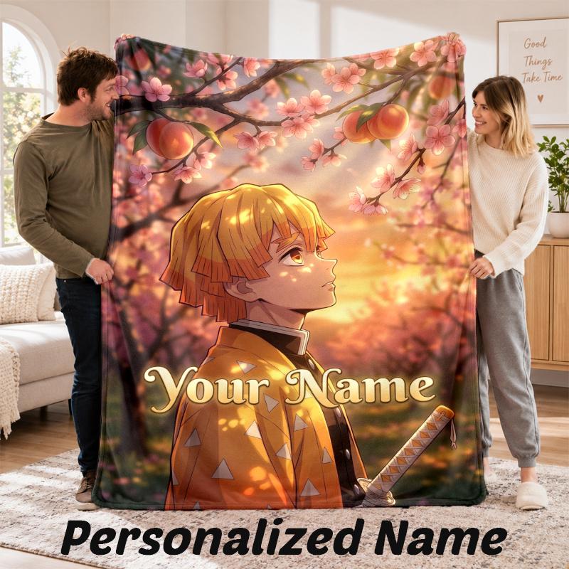 Custom Name Zenitsu Agatsuma Flannel Throw Blanket Personalized Text Soft Blanket Bed Sofa Gift