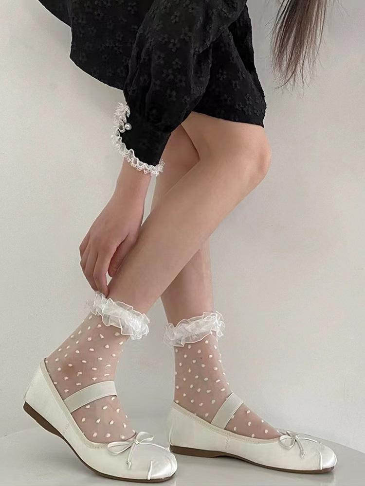 3 Pairs Female Mesh Polka Dot Black Fungus Edge Thin Design Japanese Style Glass Silk Short Socks Lace Lace Mid Tube Socks