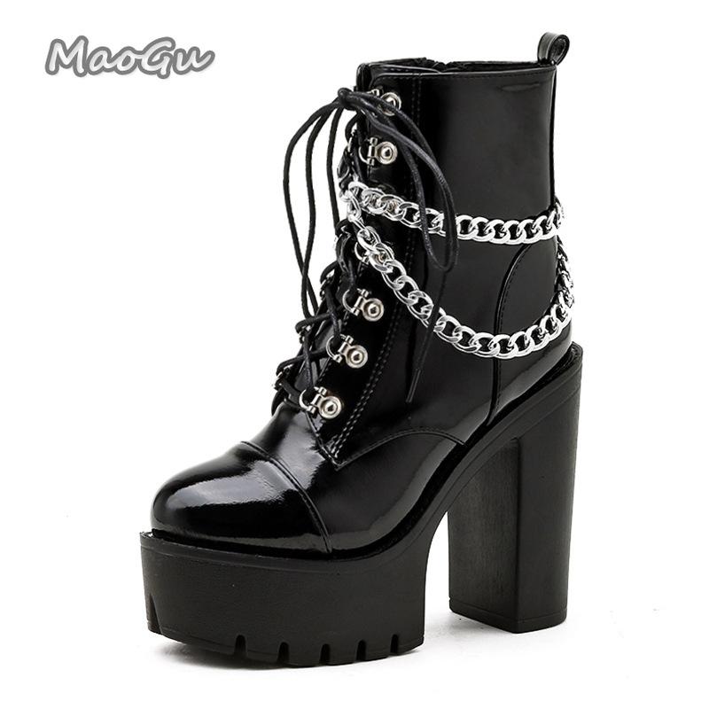 

Fashion Autumn Winter High-heeled Women s Boots Black Patent Leather Metal Chain Nightclub Gothic Short Boots Bota Feminina 13cm Heels 42 чёрный